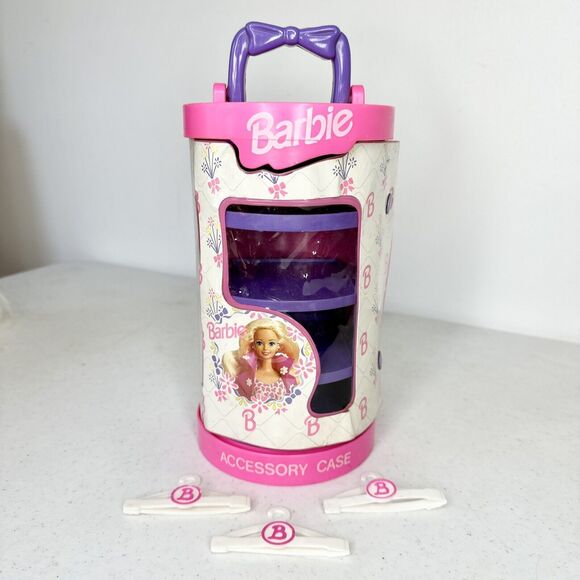 Vtg 1993 Mattel Barbie Doll Accessory Storage Travel Case Cylinder &‎ 3 Hangers - Picture 1 of 12